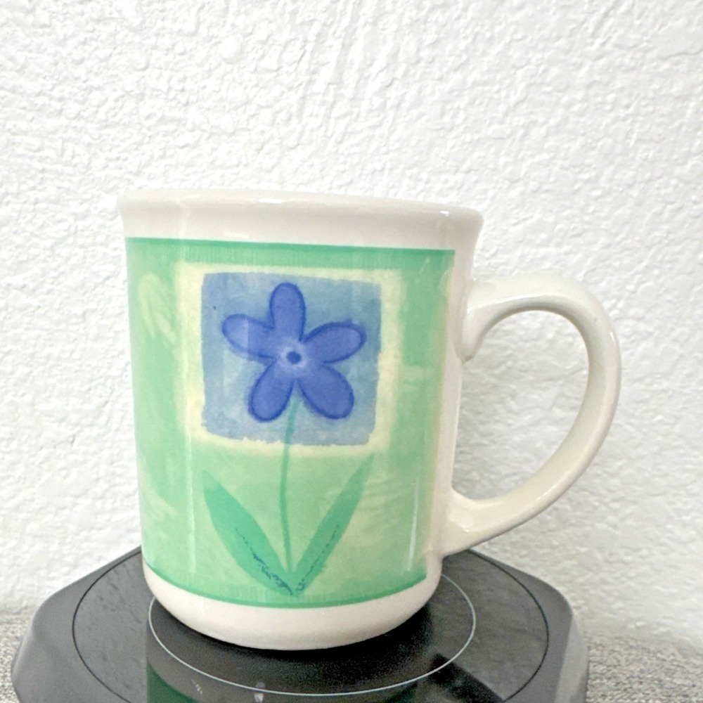 C. C. Ceramic Coffee Mug White Green Blue Floral Pattern 3.75 in Made in Britain